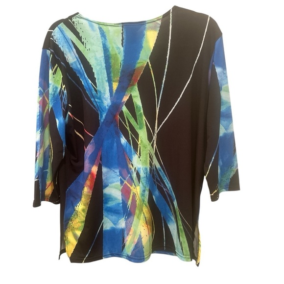 Valentina Top Artsy Rhinestone Colorful Festival Stretch Sz L Mature 3/4 Sleeve - Picture 4 of 9